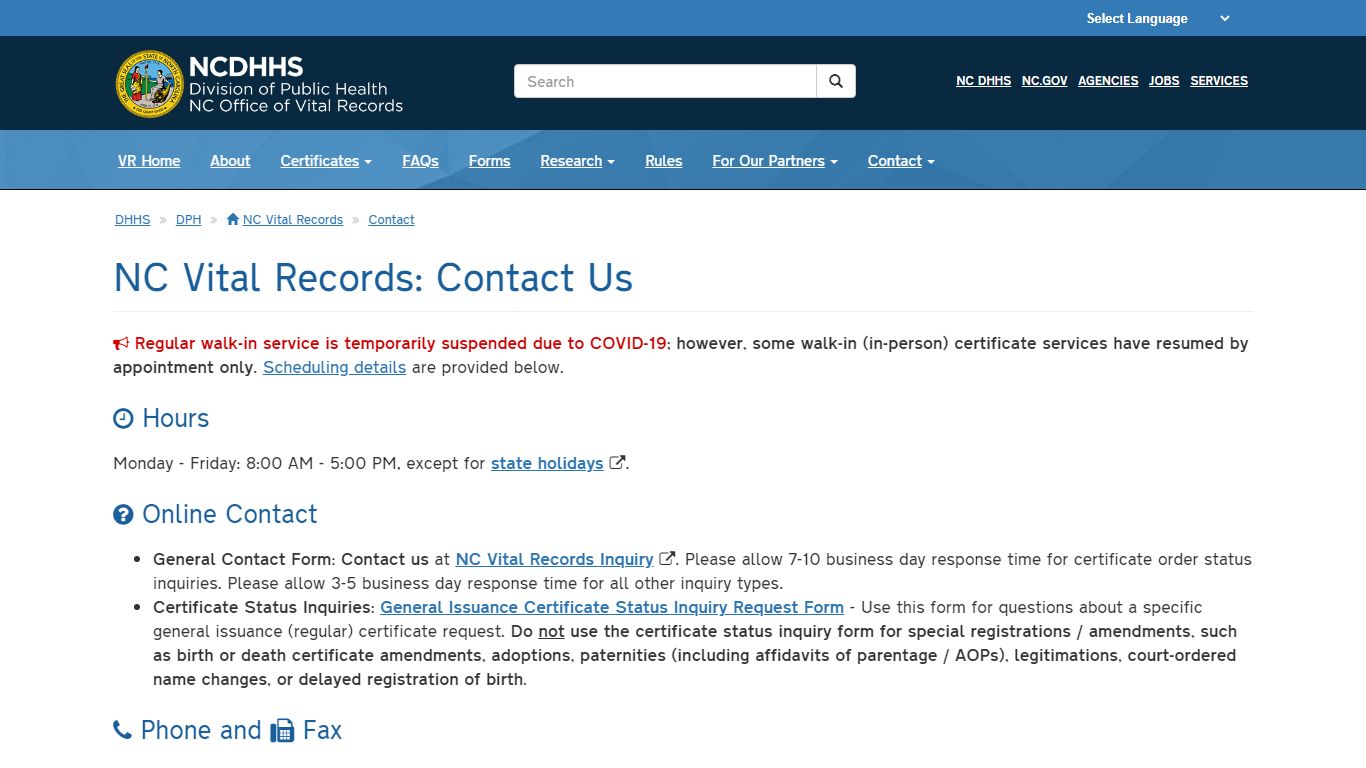 NCDHHS: DPH: NC Vital Records: Contact Us